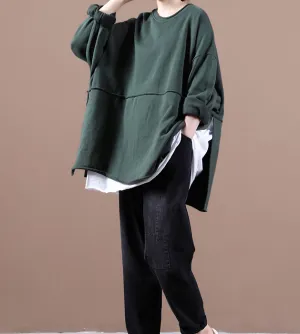 Green Loose Fall Women Cotton Tops Women Side Slit Blouse Overall H9506