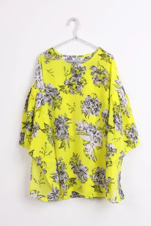 Neon Yellow Floral Loose Fit Top with Bell Sleeves