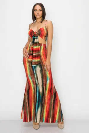 Painted Crop Top Front Tie & Matching Bell Maxi Skirt